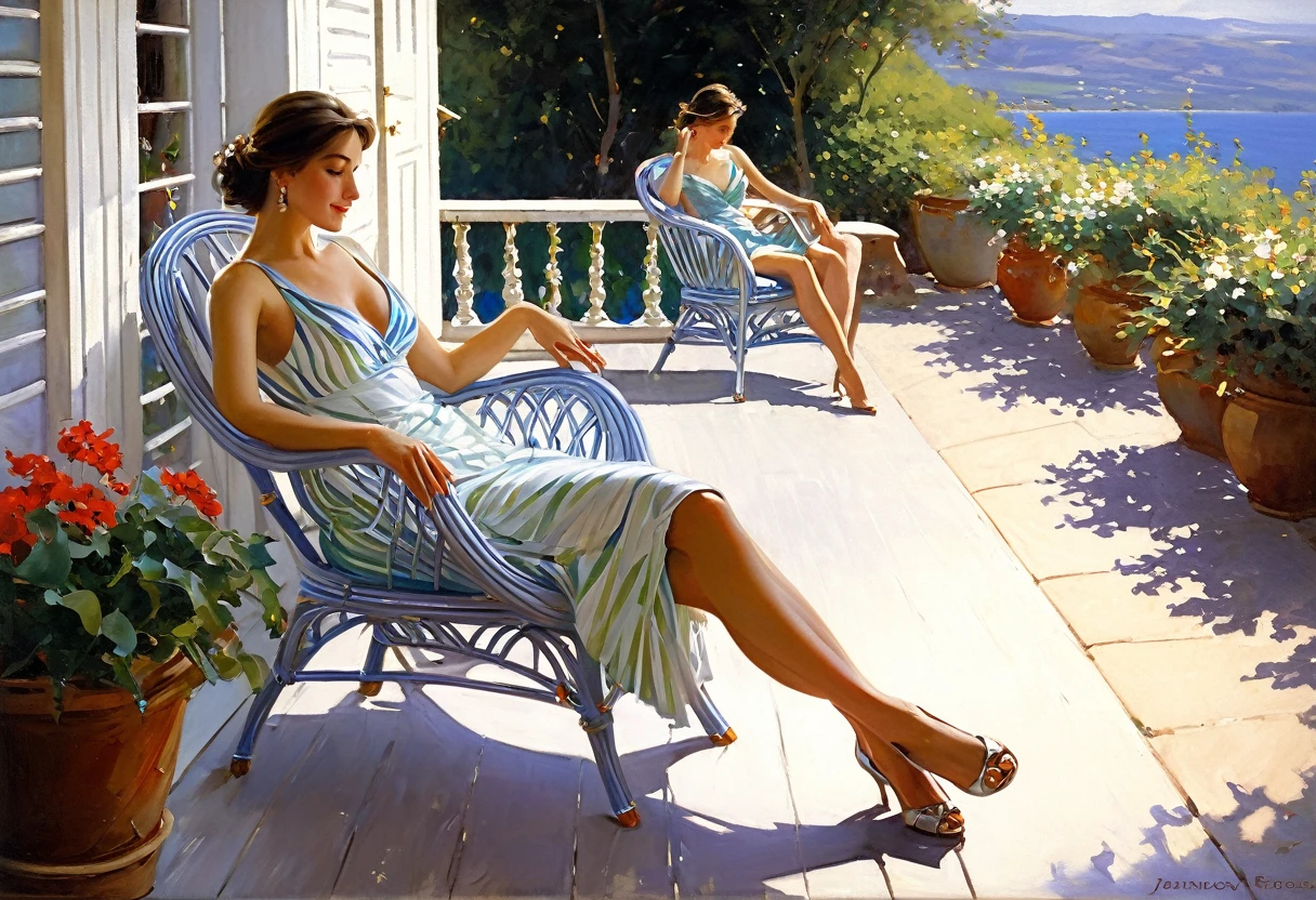 painting of a woman sitting in a chair on a patio, by Vicente Romero Redondo, volegov, vladimir volegov, painting vladimir volegov, steve henderson, josephine wall and pino daeni, summer afternoon, in style of steve henderson, danile gerhartz, konstantin razumov, summer morning light, ( ( konstantin razumov ) )