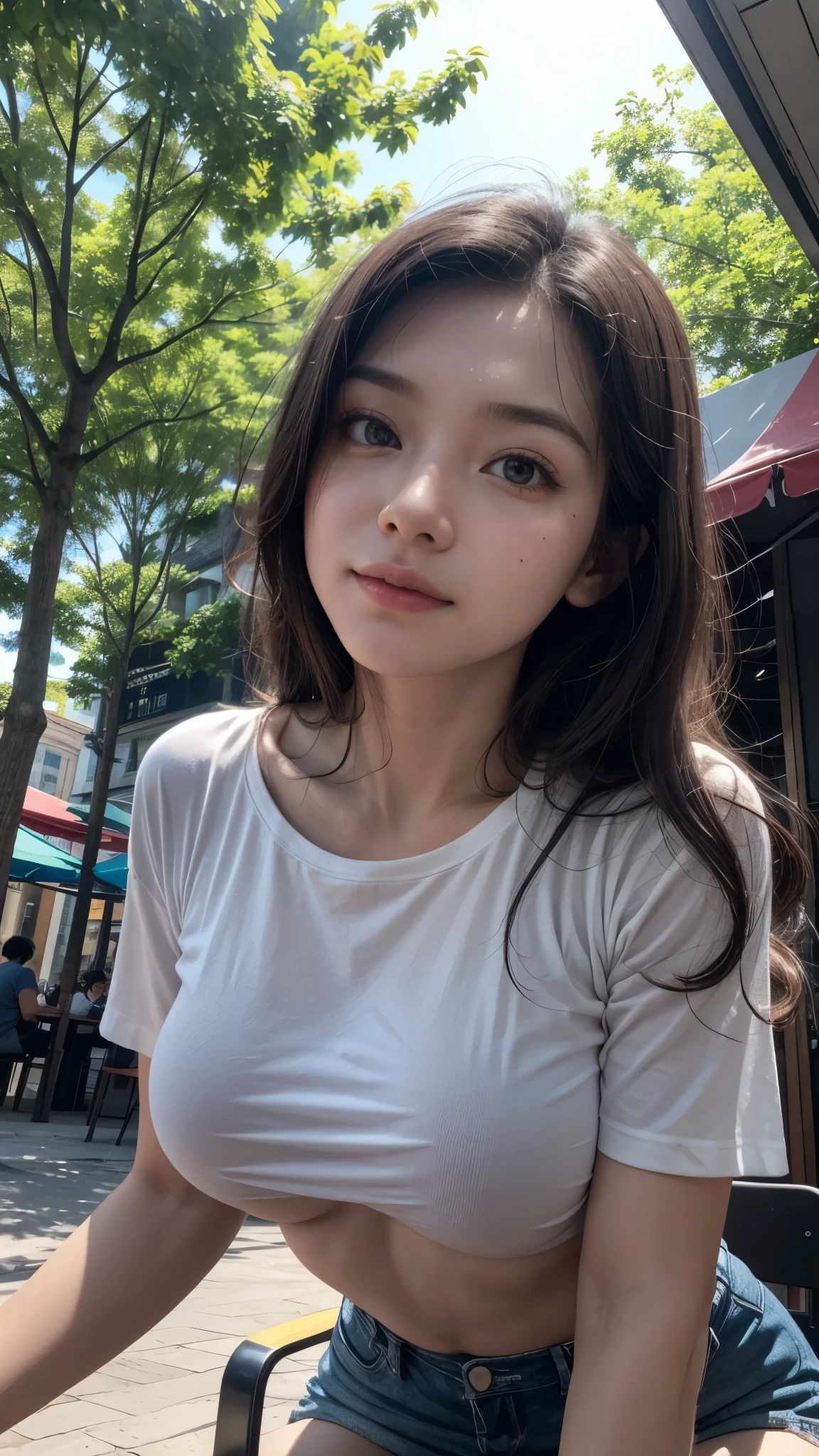 8k, work of art, best qualityer, photorrealistic, ultra detali, 1 girl, textura de pele realista, breasts big, Look at the Beholder, , Loose mid-cut t-shirt,, underboobs, under , micro miniskirt, , film lighting, Facial Focus, thin eyes, face detailed, well-lit face, rays of sunlight, Outdoor cafe in the background, low angle shot, view from the bottom
# Immediate production sits atop a rooftop in Corona Queens, Nova York. it is sunset, and the sky is ablaze with vibrant colors, creating a stunning backdrop for the scene. The woman is posed confidently, Exuding elegance and grace. which adds a playful touch to your sophisticated look. The roof is glowing with the warm city lights, and the atmosphere is enhanced by the presence of dazzling neon lights that dot the horizon. The image is of the highest quality, with sharp focus and ultra-detailed features, capturing every nuance of the woman's expression and surrounding environment. The overall effect is realistic and immersive, with HDR rendering enhancing rich colors and textures.