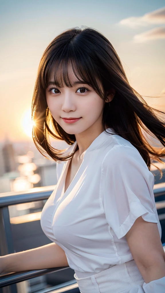 (Highest quality,masterpiece:1.3,Ultra-high resolution),(Very detailed,Caustics,8k),(Realistic:1.4,RAW shooting),Japanese,23 years old,cute,Are standing,(Big smile),(Looking into the camera),Black hair medium hair,Big Breasts,White blouse,Knee-length skirt,Strong winds,Hair blowing in the wind,rooftop,Backlight,sunset,sunset sky,(Bust up shot),(Face Focus:1.1),(Face close-up:1.1),High position,High Angle,Natural light