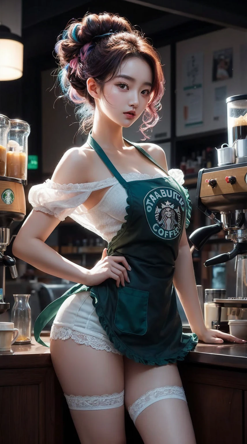 young korean female with a pear body shape and fair skin, she has a curvy larged-size chest, Cool beauty，Looks sweet，(updo, blue and pink hair), only wearing dark green starbucks apron, off-shoulders with lace strapless bra, white lace-trimmed underwear, she has big thigh, full body photo, standing pose. Side view. In coffee shop.