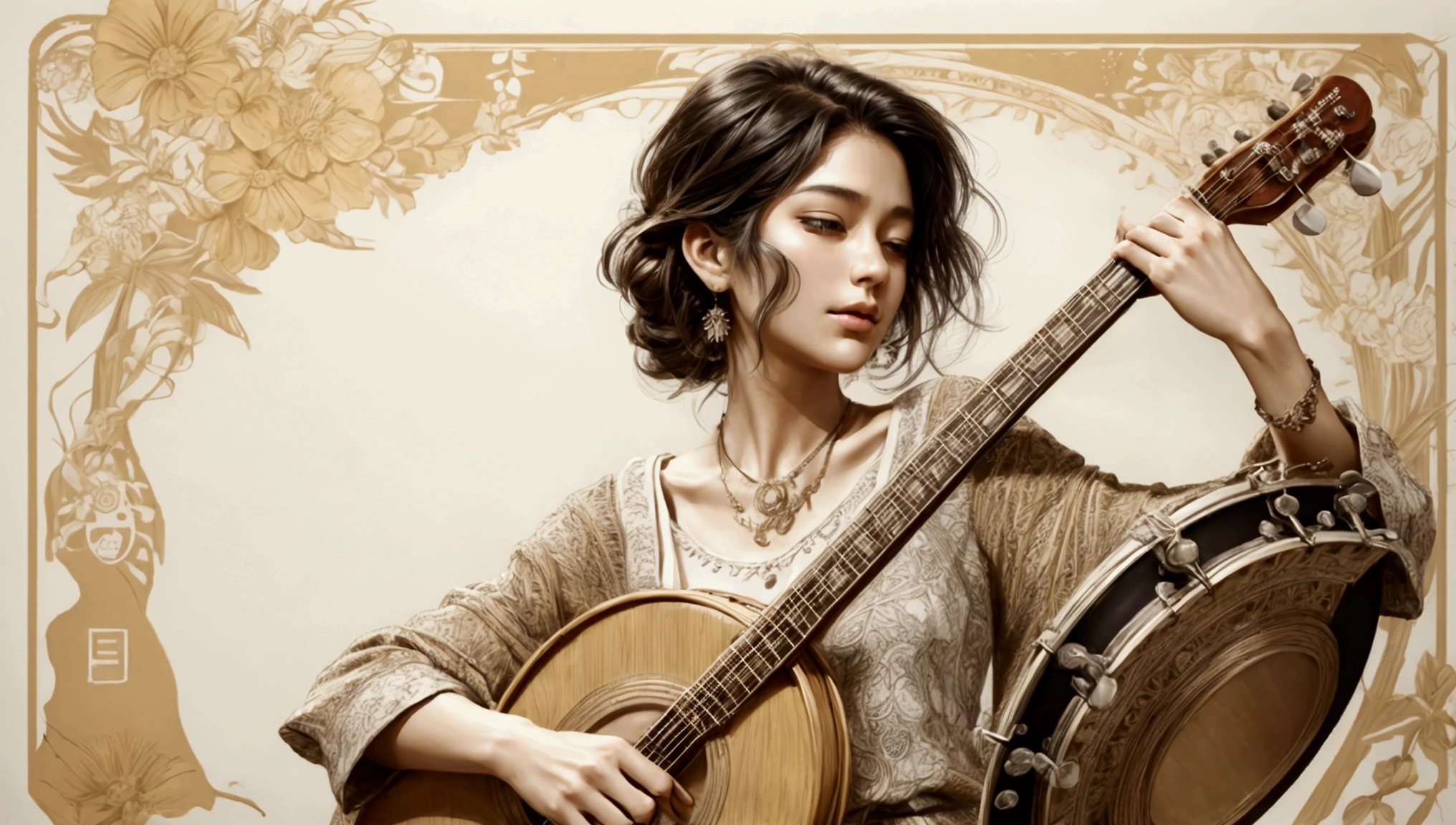 Draw a music festival poster,Playing the banjo,Musical note elements