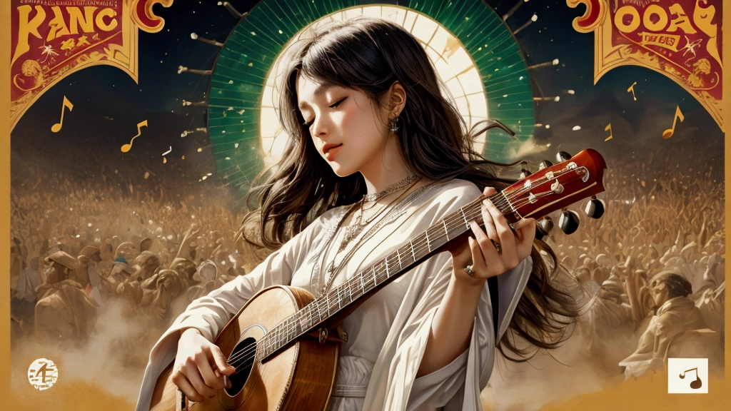 Draw a music festival poster,Playing the banjo,Musical note elements