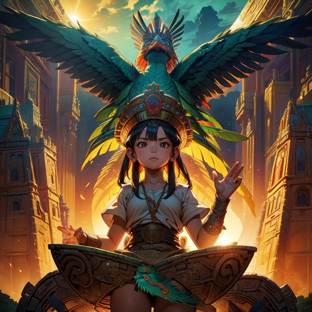 Childish, high quality、Very detailed、8Year、Mayan Aztec young priestess、Flying Feathered Serpent(Quetzalcoatl Kukulkan)Looking up at the sky and offering prayers、Chichen Itza Temple of the Sun in the Forest、mysterious、