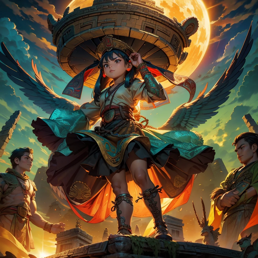 Childish, high quality、Very detailed、8Year、Mayan Aztec young priestess、Flying Feathered Serpent(Quetzalcoatl Kukulkan)Looking up at the sky and offering prayers、Chichen Itza Temple of the Sun in the Forest、mysterious、