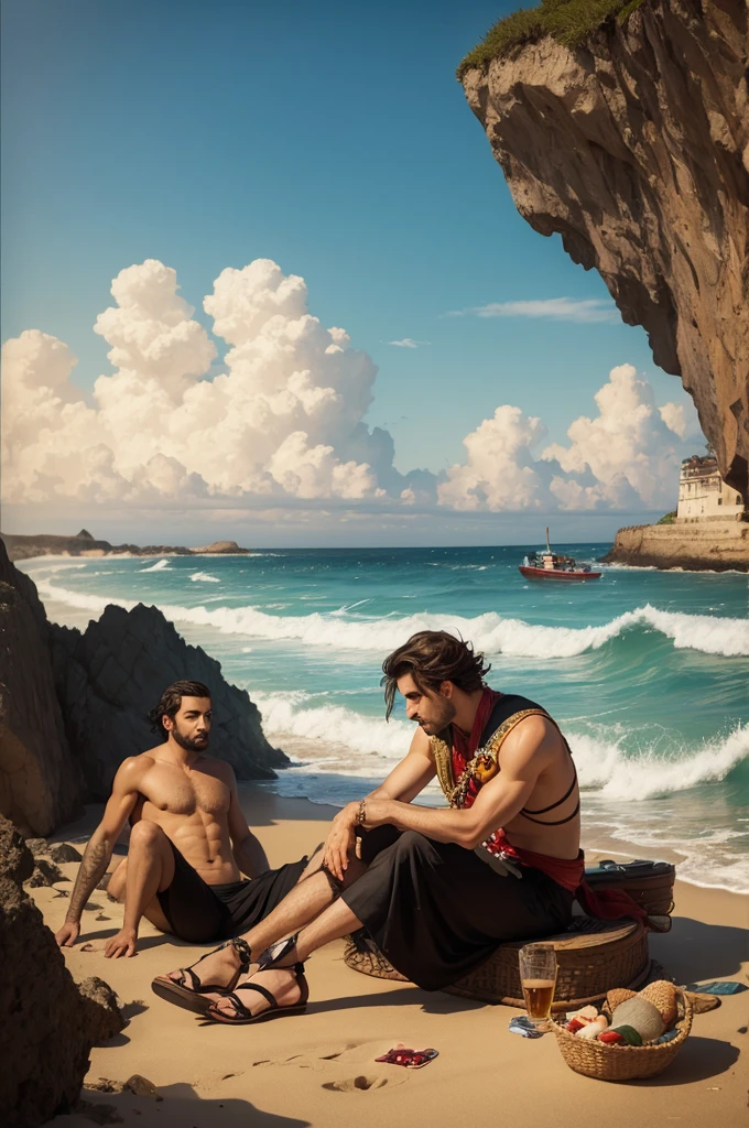 Portuguese on the rocks of the beach after his ship sank