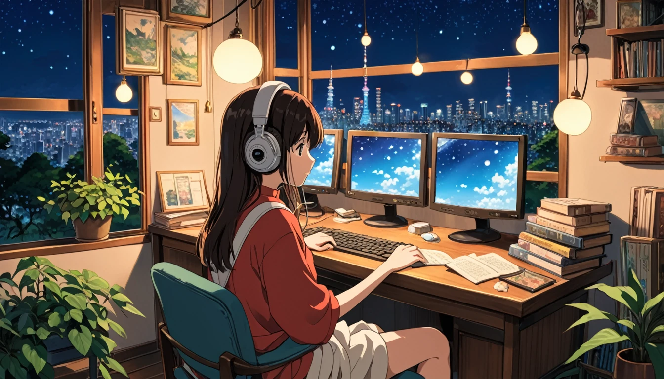 Studio Ghibli-style anime movies, Movie stills, Highest quality, masterpiece, Extremely elaborate details, 8k,girl, A girl of about 16 years old is studying in front of a computer with headphones on. She is sitting on a balcony, and the scenery outside shows a beautiful night view of Tokyo. The scene has a magical, whimsical feel reminiscent of the Ghibli movie "Whisper of the Heart." The girl has a focused expression, surrounded by books and notes, with the glow of the computer screen illuminating her face. The balcony is adorned with plants, and the Tokyo skyline in the background features twinkling lights and tall buildings, creating a serene and inspiring atmosphere. The overall style should be highly detailed and vibrant, capturing the enchanting essence of a Ghibli film.