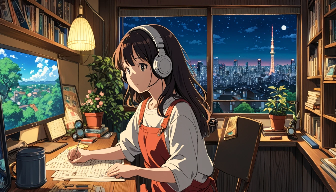 Studio Ghibli-style anime movies, Movie stills, Highest quality, masterpiece, Extremely elaborate details, 8k,girl, A girl of about  is studying in front of a computer with headphones on. She is sitting on a balcony, and the scenery outside shows a beautiful night view of Tokyo. The scene has a magical, whimsical feel reminiscent of the Ghibli movie "Whisper of the Heart." The girl has a focused expression, surrounded by books and notes, with the glow of the computer screen illuminating her face. The balcony is adorned with plants, and the Tokyo skyline in the background features twinkling lights and tall buildings, creating a serene and inspiring atmosphere. The overall style should be highly detailed and vibrant, capturing the enchanting essence of a Ghibli film.