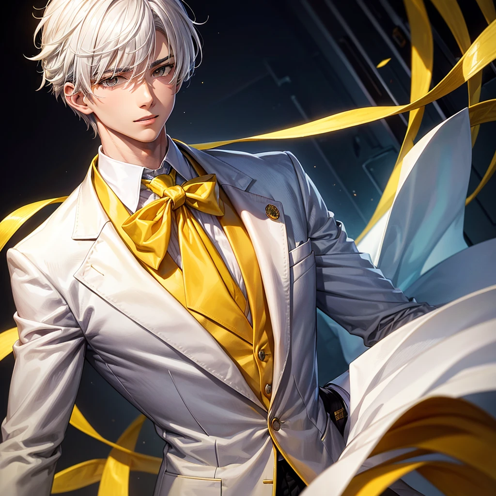 A young man with white hair, brown eyes with white suit and yellow tie, in a school