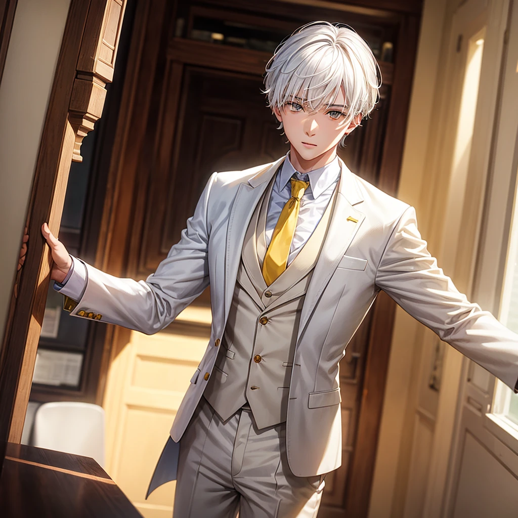 A young man with white hair, brown eyes with white suit and yellow tie, in a school 