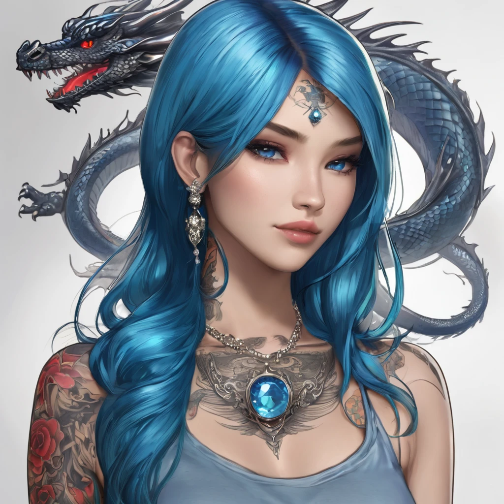 Blue,skyblue, beautiful female, long hair,blue hair,.BREAK.
Head to waist, tattoo,dragon tattoo, crown,
(Dragon in the background)
Drangon background. Dragon Tattooed,(add name written Riiid in her chest
Name tag, name,(write Riiid)