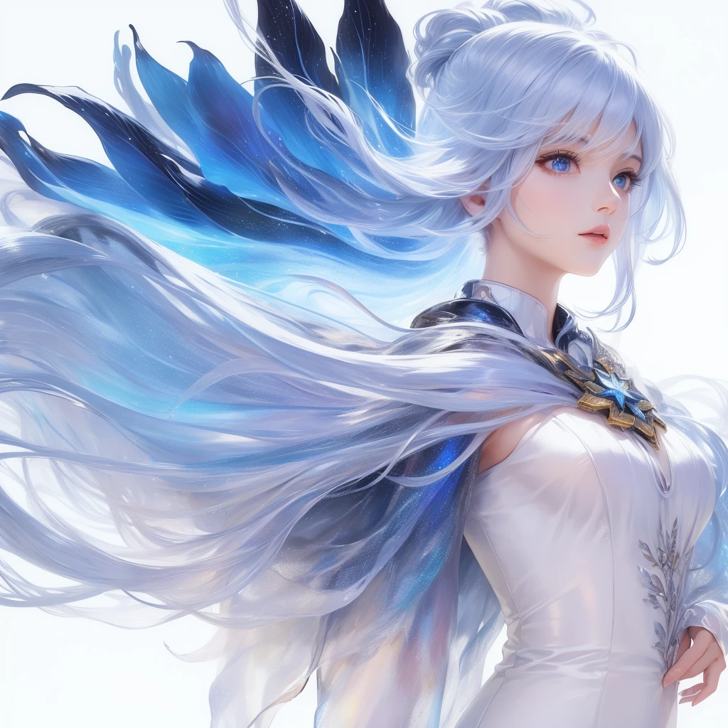 ((masterpiece)), (((best quality))), ((Super detailed)), ((illustration)),[Realistic lighting effects],shadow,(Fantasy style),(White background:1.6), Simple background, (earth theme),(A cape)[(hair focus,((1 Girl)),[(Big slime hair): (Cloud):0.3], (hair on background),(High Saturation),(The hair is surrounded by galactic splashes),)):((Her hair turned into a galactic cloud,:1.27628), (Hair and clothes are galactic clouds and star clusters:1.1025),(A cape is becoming galaxy clouds)