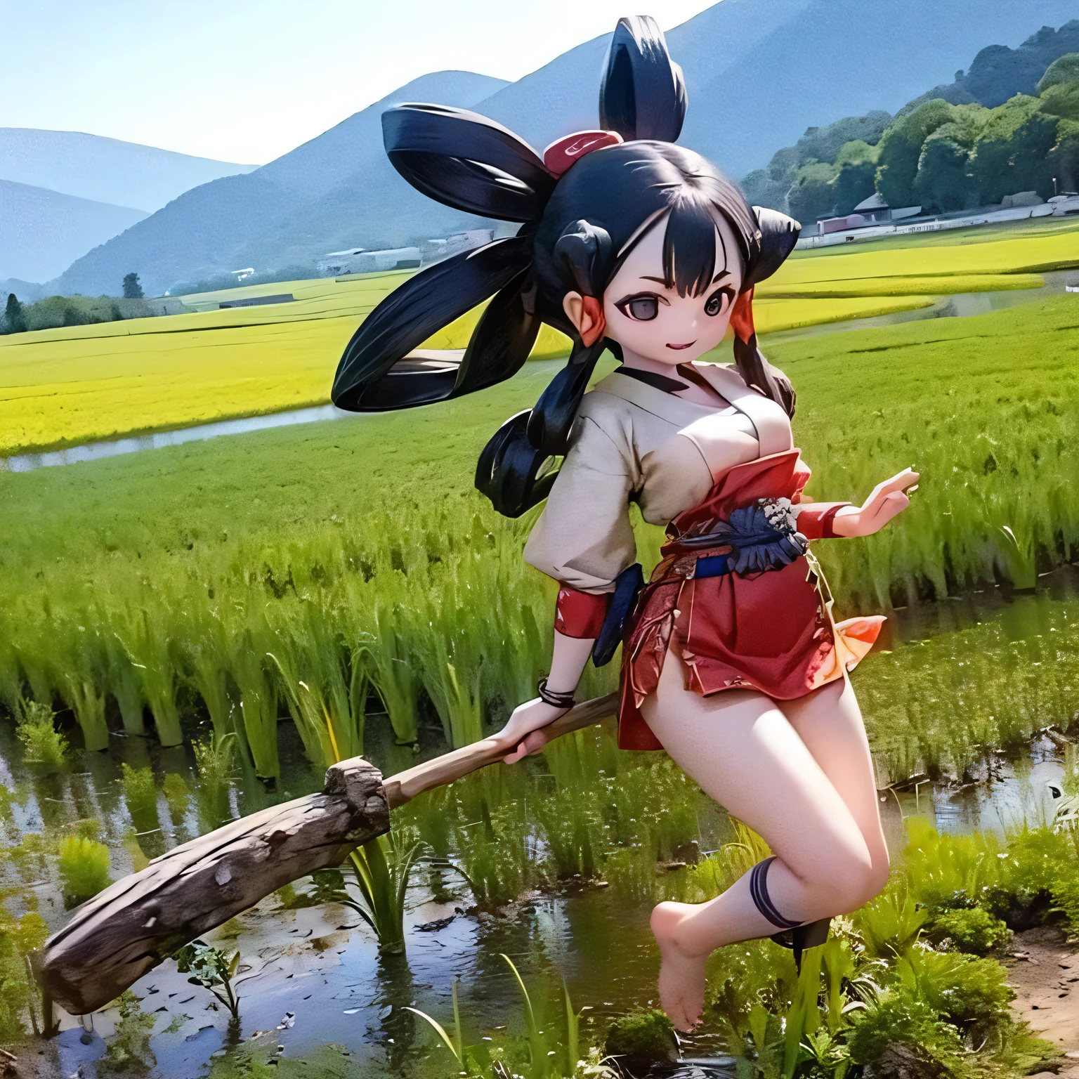 Sakunahime rice field Japanese mythology god clothing、Farm work、barefoot、Attractive busty woman