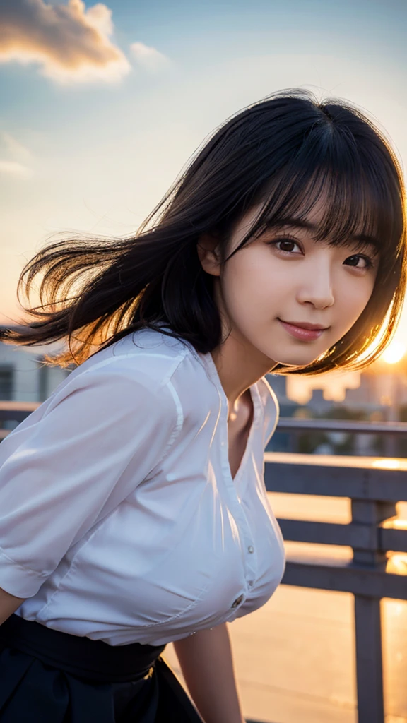 (Highest quality,masterpiece:1.3,Ultra-high resolution),(Very detailed,Caustics,8k),(Realistic:1.4,RAW shooting),Japanese,23 years old,cute,Are standing,(I'm looking at the camera with a smile on my face),Black hair medium hair,Big Breasts,White blouse,Knee-length skirt,Strong winds,Hair blowing in the wind,rooftop,Backlight,sunset,sunset sky,(Bust up shot),(Face Focus),(Face close-up),Low position,Low Angle,Natural light