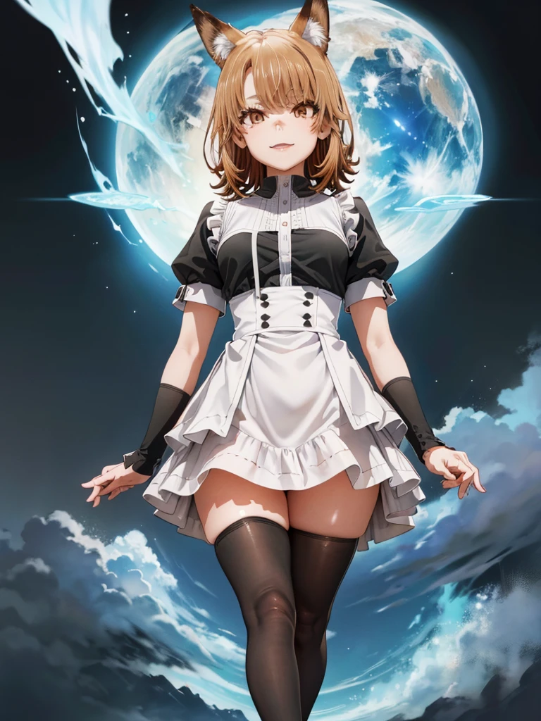 Face Focus , ((Highest quality)), ((Tabletop)), Perfect Face, （((Black knee-highs))) ,   Official Art,Black knee-highsソックス, Ultra-high resolution ,Ultra-high resolution,8k,Beautiful Face,smile,Thick thighs,black tights,Standing posture,One girl,short hair,Fox ears