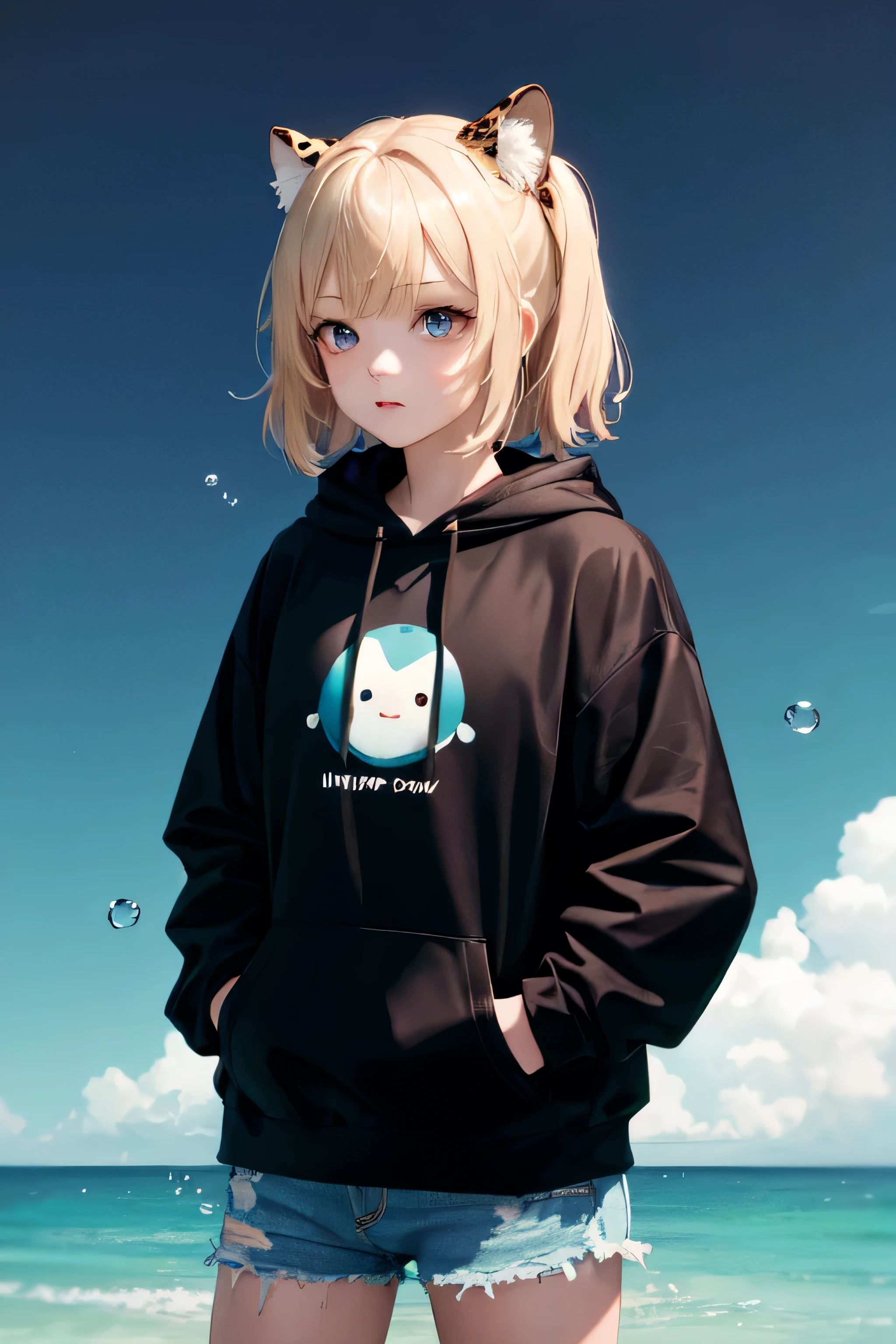 (masterpiece best quality:1.2), cute, chibi, A Cool Leopard, solo, wearing black hoodie, teal eyes, hands in pockets, text and emoji installations, solid colors, mixed patterns, MBE illustrations, bold lines, bubbles, moonlight, water theme, 