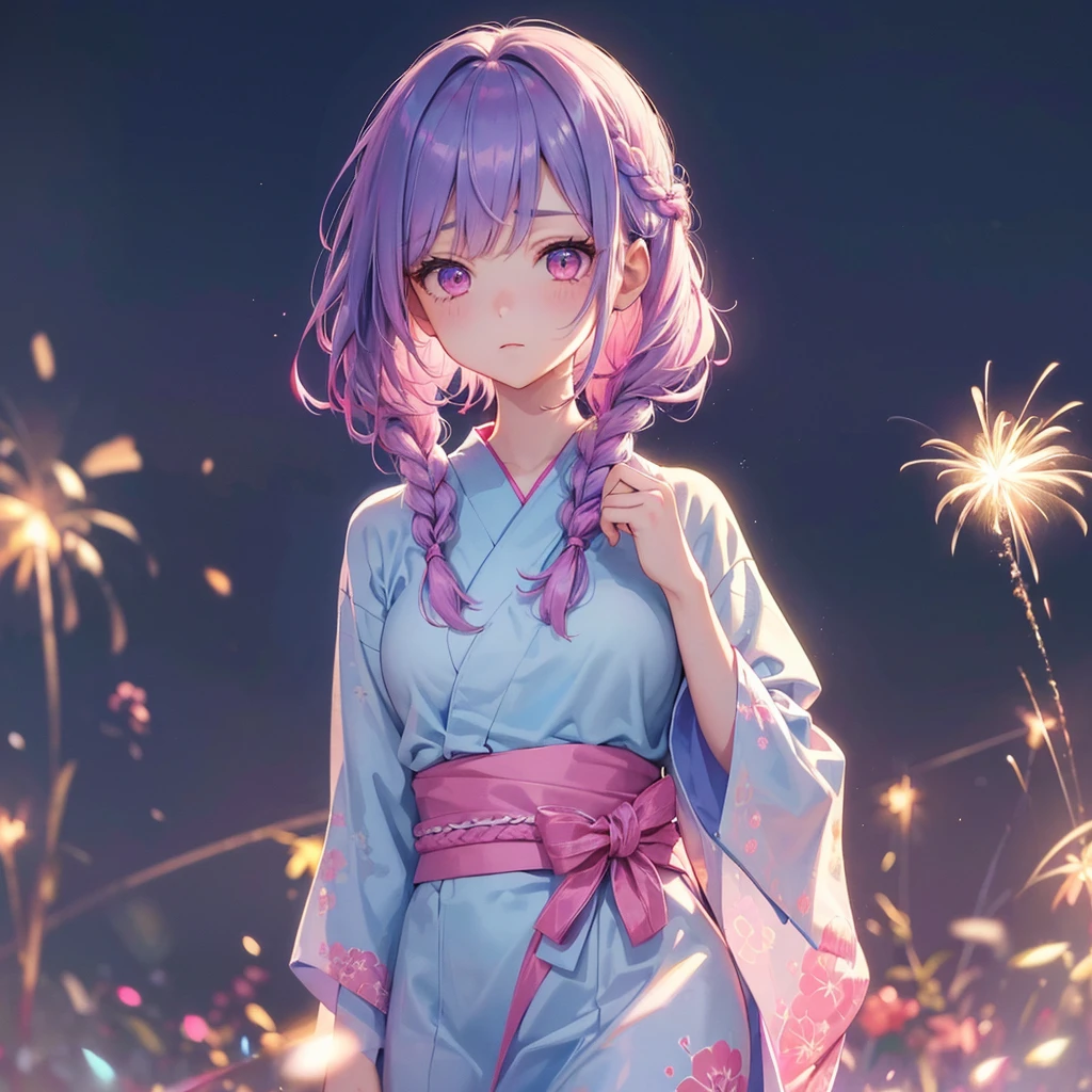 Sky Blue Medium Hair, (Braided Hair),(Pink Eyes),Fair skin ,(whole body),(1 girl)、yukata、firework、Straight bangs,(masterpiece, Highest quality, Very detailed, Best Shadow), (Detailed Background), (Beautifully detailed face), High Contrast, (Best lighting, Very delicate and beautiful), ((Cinematic Light)), colorful, Hyper Detail, Dramatic Light, Intricate details,