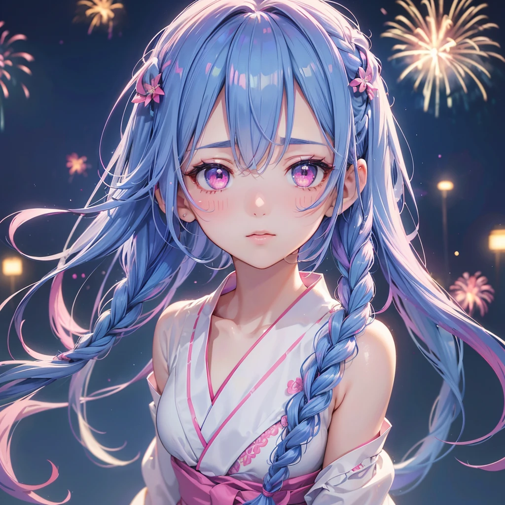 Sky Blue Medium Hair, (Braided Hair),(Pink Eyes),Fair skin ,(whole body),(1 girl)、yukata、firework、Straight bangs,(masterpiece, Highest quality, Very detailed, Best Shadow), (Detailed Background), (Beautifully detailed face), High Contrast, (Best lighting, Very delicate and beautiful), ((Cinematic Light)), colorful, Hyper Detail, Dramatic Light, Intricate details,