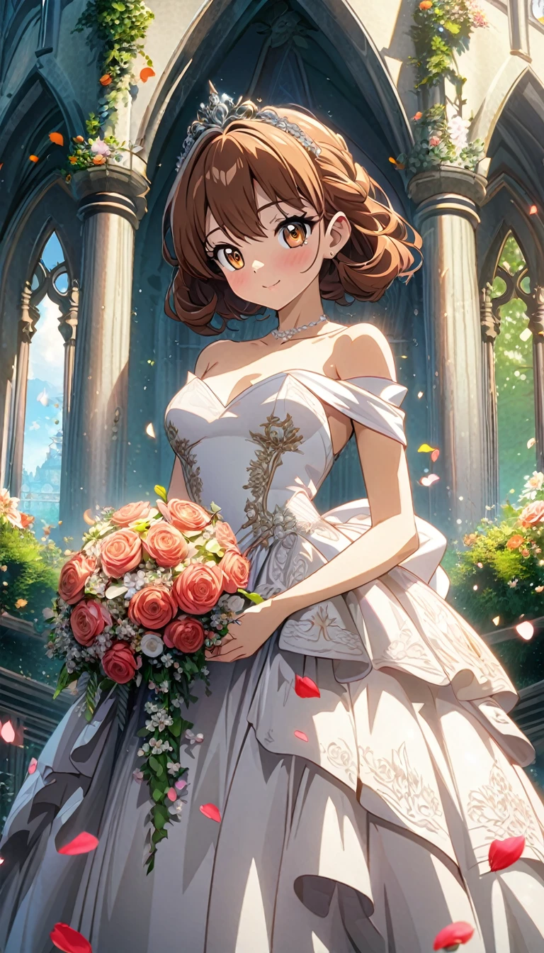 a girl, 20yo, russet brown hair, semilong hair, mahogany eyes, off shoulder satin wedding dress, tiara, bouquet, blissful, making a heart with fingers,
absurderes, masutepiece, high quality, hyper detailed, insanely detailed, exquisite, perfect fingers, shining eyes, oily luster, seductive anime girl, anime moe art style, anime art wallpaper 8k, highly detailed, outside, the green of trees, chapel, (flower petal:1.3)