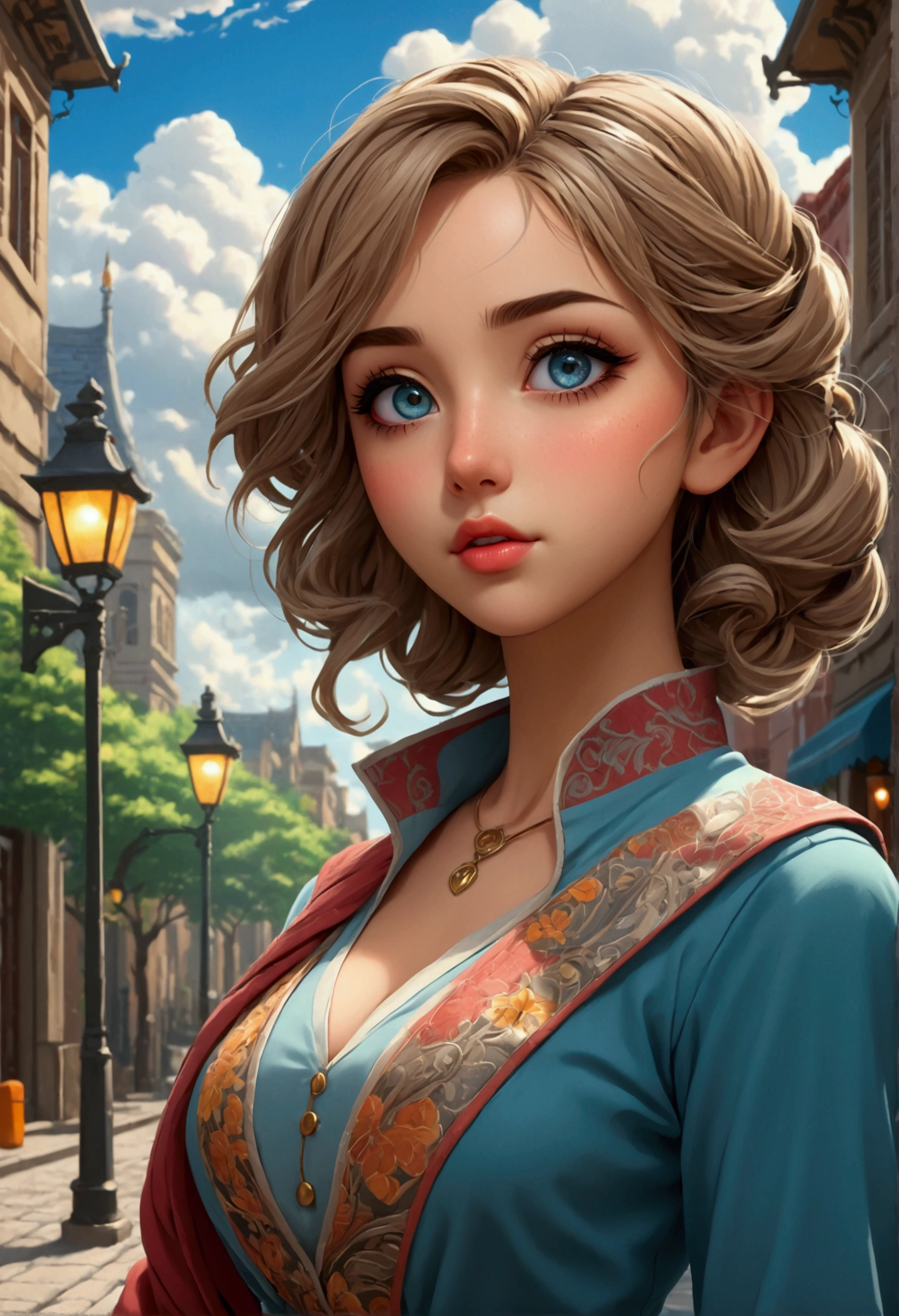 detailed anime girl, beautiful detailed eyes, beautiful detailed lips, extremely detailed face and features, long eyelashes, detailed realistic clothing, detailed street background, detailed buildings, detailed street lamps, detailed pavement, detailed sky, detailed trees, detailed clouds, vibrant colors, cinematic lighting, 8k, high quality, masterpiece, intricate details