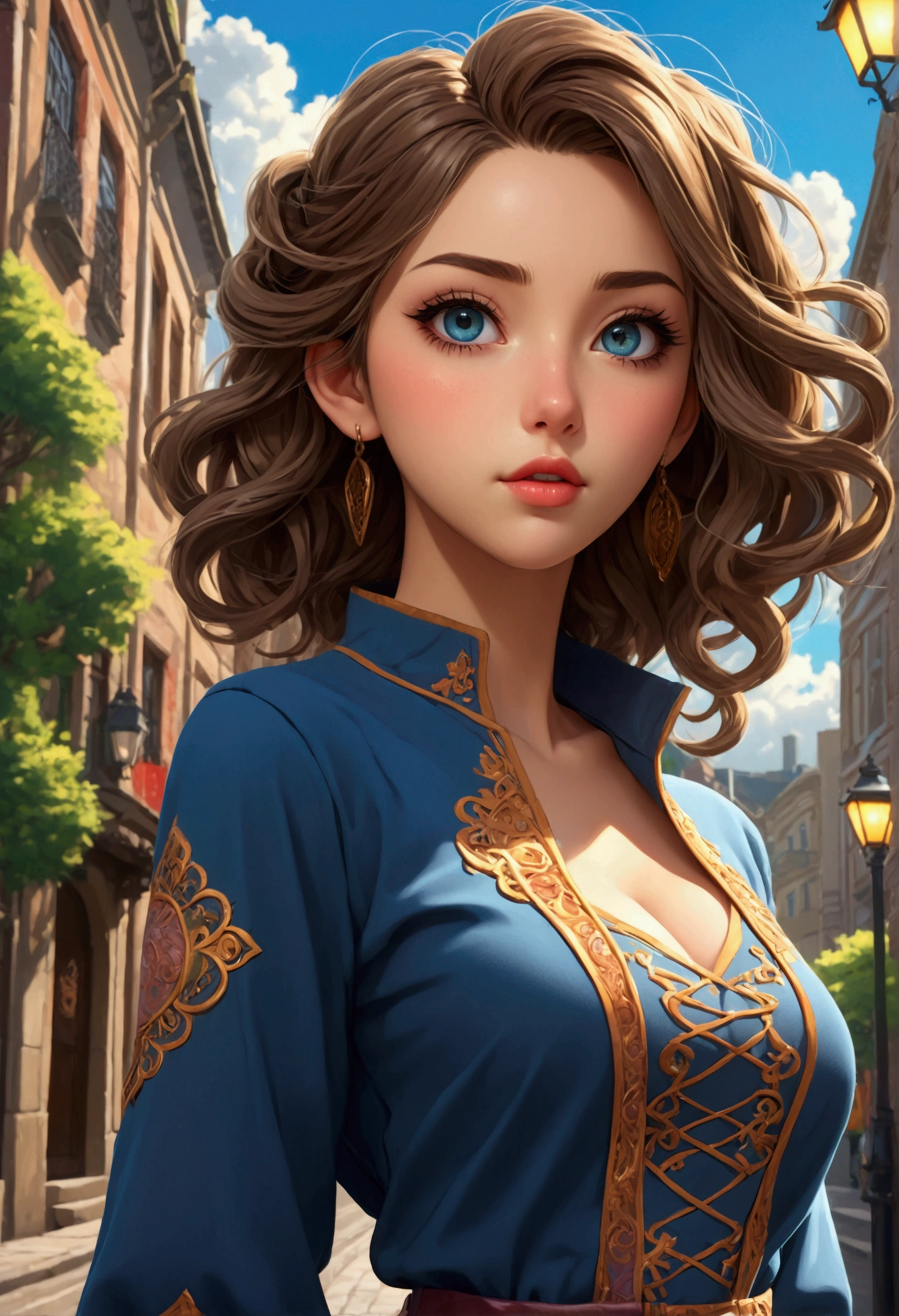 detailed anime girl, beautiful detailed eyes, beautiful detailed lips, extremely detailed face and features, long eyelashes, detailed realistic clothing, detailed street background, detailed buildings, detailed street lamps, detailed pavement, detailed sky, detailed trees, detailed clouds, vibrant colors, cinematic lighting, 8k, high quality, masterpiece, intricate details