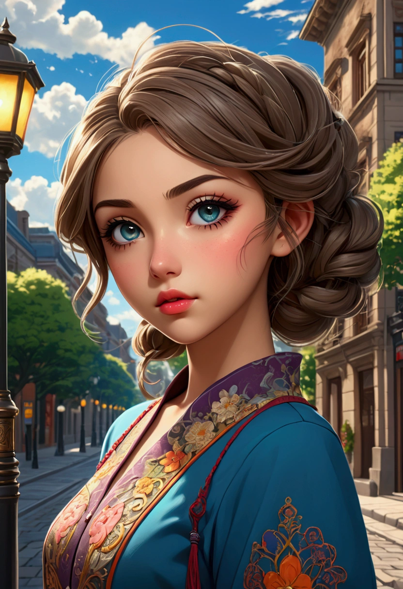 detailed anime girl, beautiful detailed eyes, beautiful detailed lips, extremely detailed face and features, long eyelashes, detailed realistic clothing, detailed street background, detailed buildings, detailed street lamps, detailed pavement, detailed sky, detailed trees, detailed clouds, vibrant colors, cinematic lighting, 8k, high quality, masterpiece, intricate details