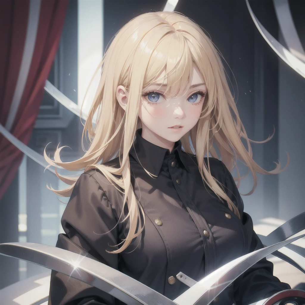 portrait of european girl,solo,20yo,beautiful face,uppser body,hair over one eye,medium sidecut, blonde hair, sharp focus,black business suit