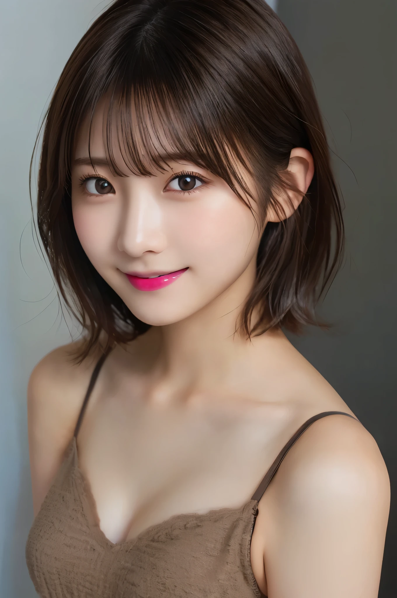 Highest quality(beautiful)、Brown eyes、22-year-old female、smile、Gal、Semi-short hair、camisole、Natural Lip、Soft Breasts、Shoot from above