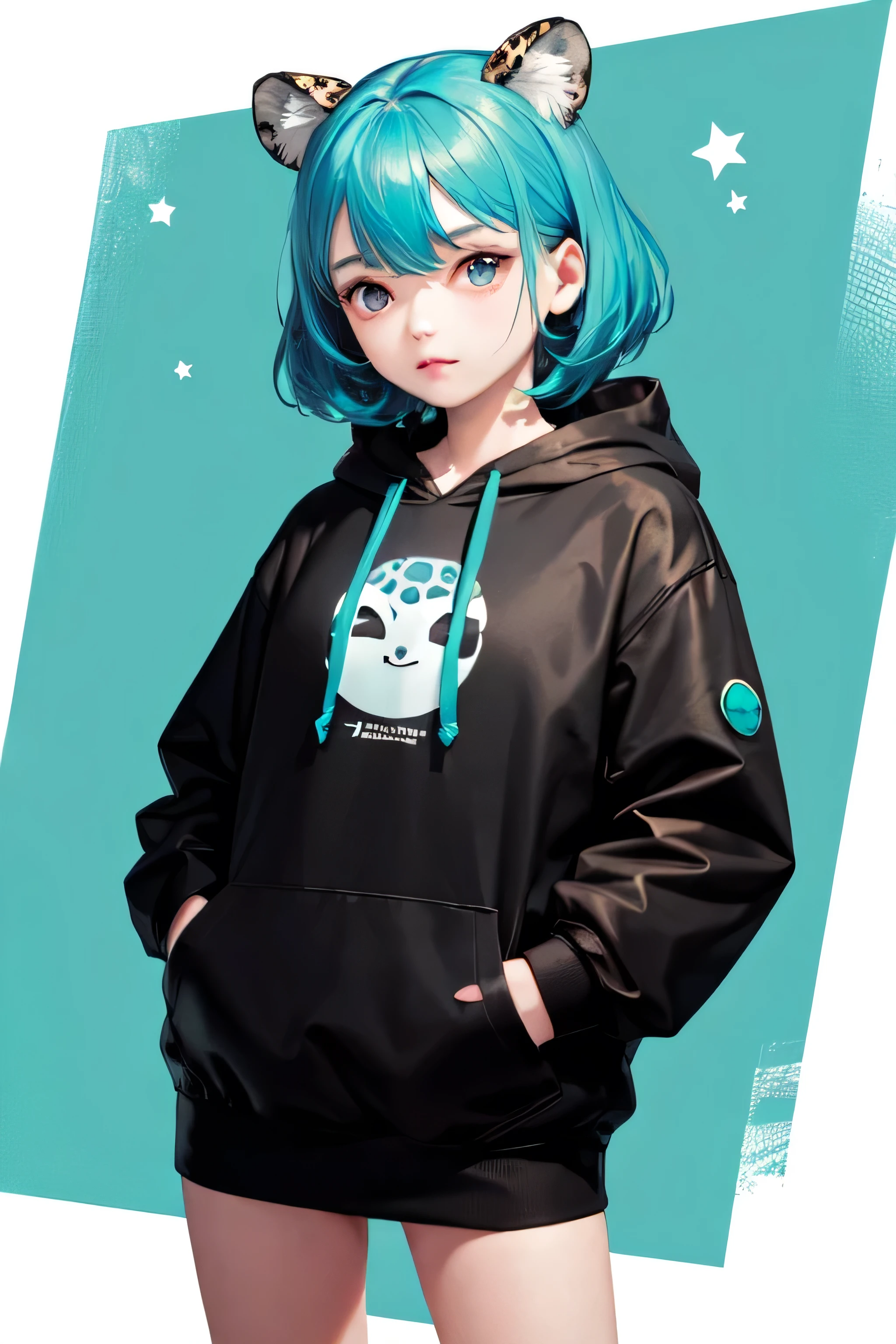 (masterpiece best quality:1.2), cute, chibi, A Cool Leopard, solo, wearing black hoodie, teal eyes, hands in pockets, text and emoji installations, solid colors, mixed patterns, MBE illustrations, bold lines, bubbles, moonlight, water theme,