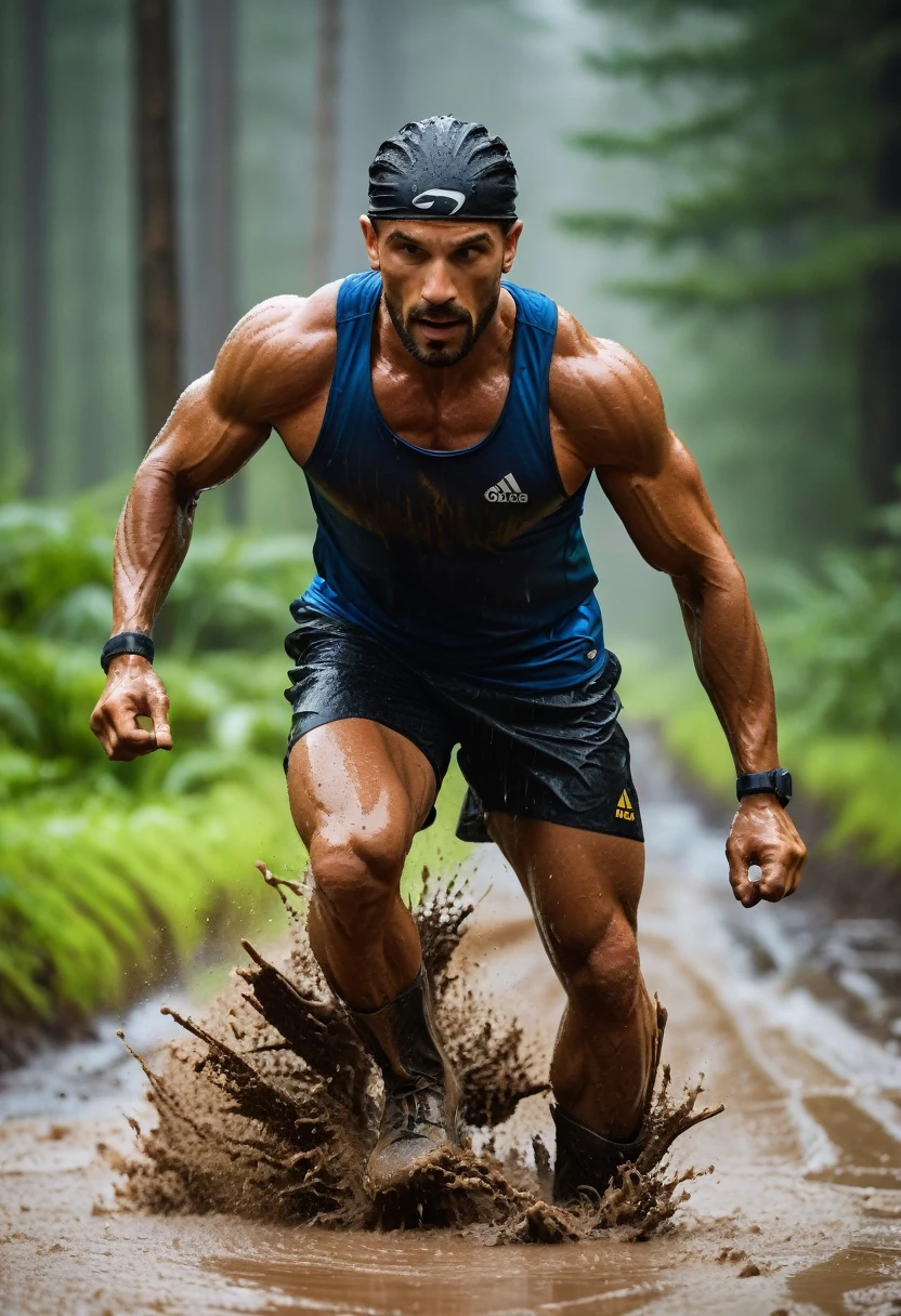 A raw and inspiring image that captures the essence of outdoor strength training., with fit men and women training in the mud and rain. Their muscles are tense with determination as they perform challenging workouts., lifting logs, running through puddles, and perform intense calisthenics in nature, Rugged terrain. the rain falls in buckets, create a dynamic atmosphere that emphasizes your resilience and tenacity. The background is moody., natural landscape with trees and muddy roads, enhancing the feeling of adventure and pure power. The dramatic lighting and contrast between the rain and their determined expressions highlight the determination and passion of their training... This scene was captured with a Nikon D850 camera and a Nikkor 24-70mm f/2.8E ED VR Lens, Recognized for its exceptional sharpness and weather resistance.. Fits are designed to emphasize movement and intensity.: an aperture of f/2.8 to maintain a shallow depth of field, an ISO of 800 to ensure clarity in the rain, and a shutter speed of 1/400 seconds to freeze powerful moves.. The composition is enriched with elements of nature and motivational quotes subtly mixed with the scene., creating a backdrop of unwavering spirit and determination. This photo is not just about a workout.; It is a testimony to the unbreakable will and the relentless search for strength in the face of nature's challenges... --with 16:9 --q 2 --v 5