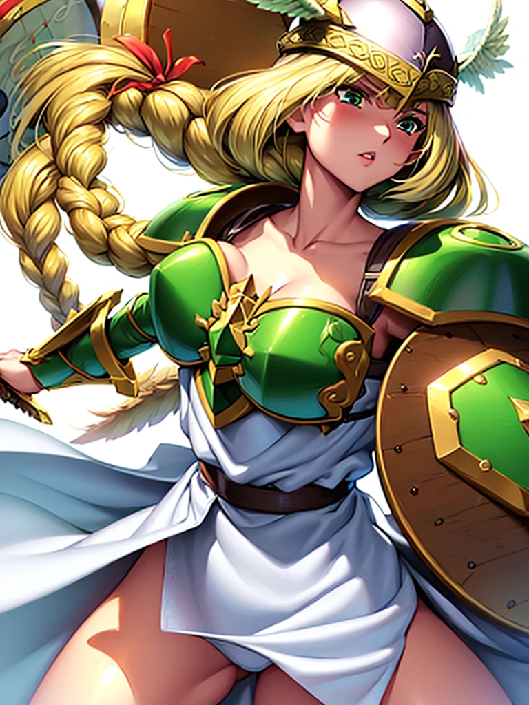 (White background,1girl:1.4),masterpiece,best quality,18yo, beautiful girl,BREAK,(sword,shield,Armor:1.5),(Helmet with wings:1.4),(Beautiful blonde,braid,Green Eyes:1.5),BREAK,(White Dress:1.3),(move chart:1.3),