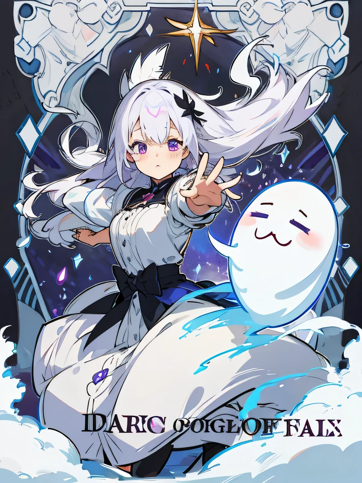 kawaii, anime, Cute, hyper quality, highly detailed, 8k, Clarity, Draw facial expressions in detail, purple eyes, white hair, long hair, highlight on eyes, Like a ghost, dark aura background, Feathers dance, wink, ta clothes, cute pose, ghost pose, light shines, aura of darkness, Blue fireballs dance, hellfire, Realm of the dead, ghost, The expression is a wink, upward glance,