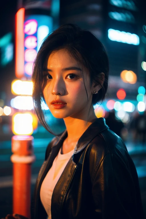 (Cinematic aesthetic:1.4) Photo of a beautiful Korean model at night in Bouquet City