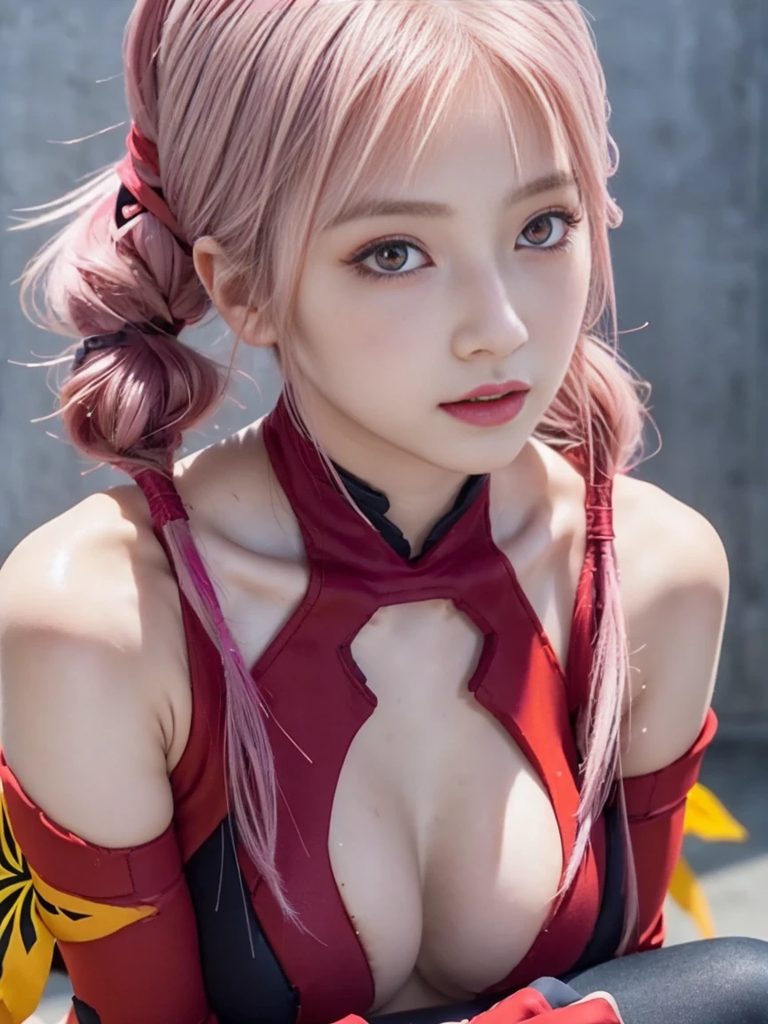 (close up:1.65), (Highest quality,128k, masterpiece:1.55), Ultra detailed face, Detailed lips, Detailed eyes, double eyelid, 
BREAK 25 years old, (Seductive pose:1.6),(armpit:1.3),
BREAK outfit-inori, Yuzuriha, yuzuriha_inori, hair ornament, hairclip, long hair, ((light pink hair)), (red eyes:1.5), twintails, Willowy Height, Lean figure, (flat Breasts),
BREAK bare shoulders, black thighhighs, center opening, cleavage, detached sleeves, elbow gloves, fingerless gloves, gloves, navel, thighhighs, dress, red dress,