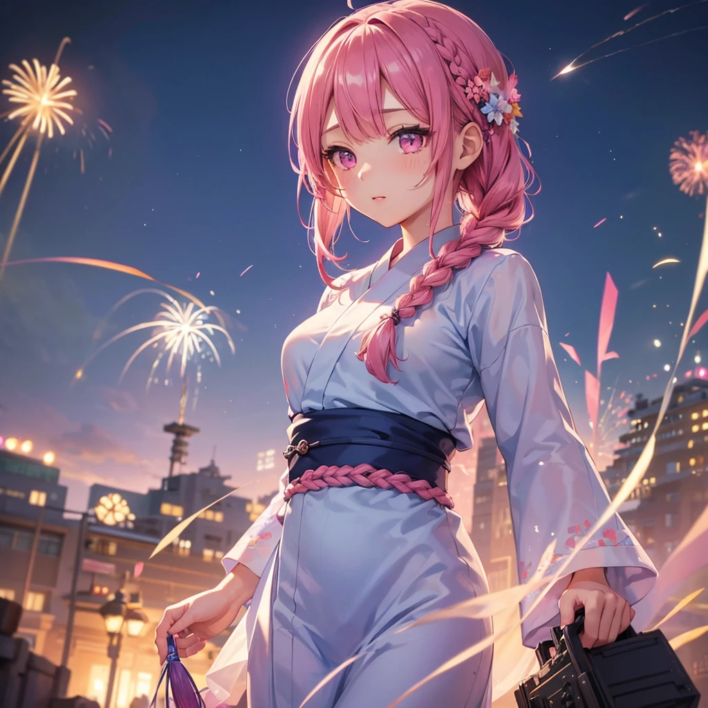 Sky Blue Medium Hair, (Braided Hair),(Pink Eyes),Fair skin ,(whole body),(1 girl)、yukata、firework、大迫力の打ち上げfirework、Straight bangs,(masterpiece, Highest quality, Very detailed, Best Shadow), (Detailed Background), (Beautifully detailed face), High Contrast, (Best lighting, Very delicate and beautiful), ((Cinematic Light)), colorful, Hyper Detail, Dramatic Light, Intricate details,