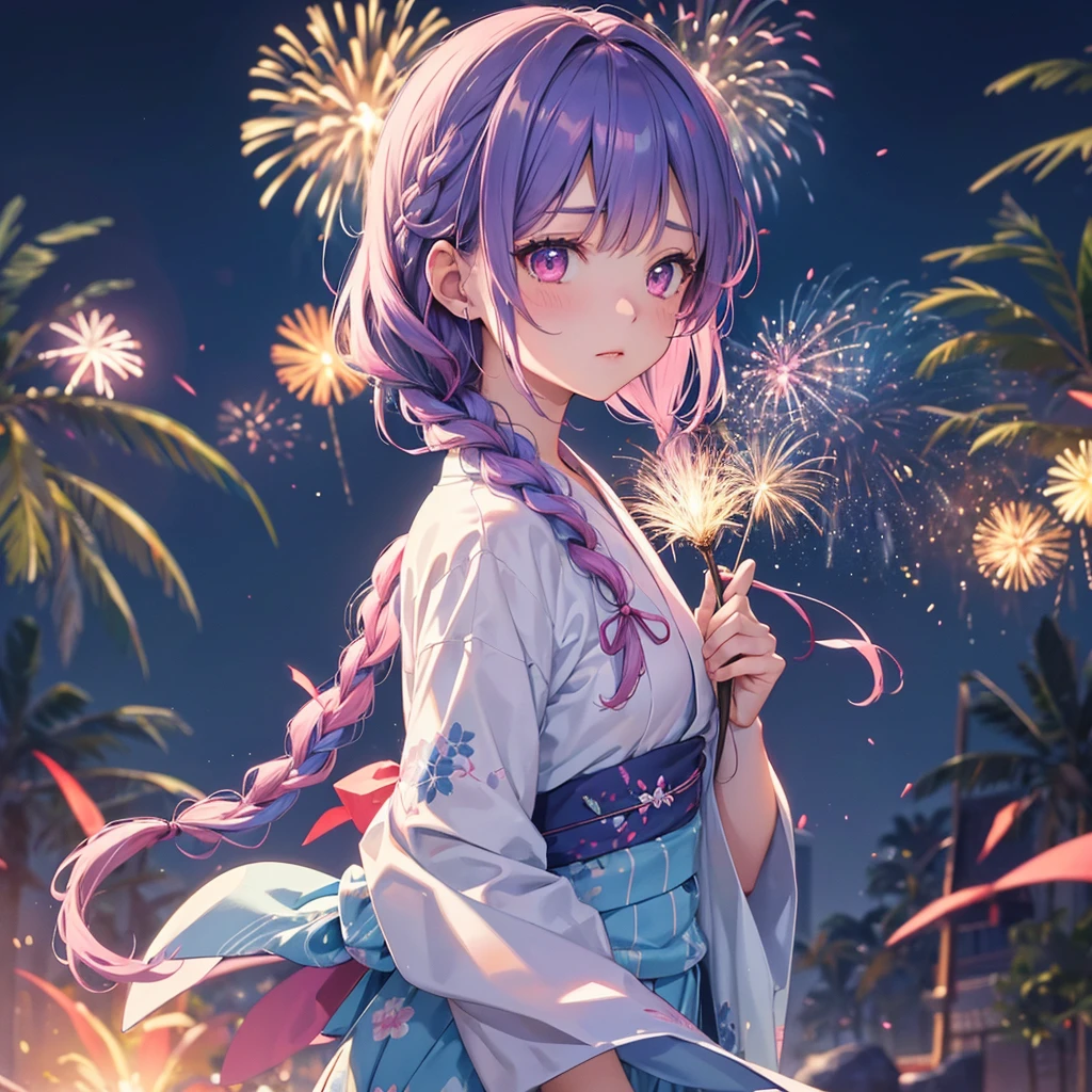 Sky Blue Medium Hair, (Braided Hair),(Pink Eyes),Fair skin ,(whole body),(1 girl)、yukata、firework、大迫力の打ち上げfirework、Straight bangs,(masterpiece, Highest quality, Very detailed, Best Shadow), (Detailed Background), (Beautifully detailed face), High Contrast, (Best lighting, Very delicate and beautiful), ((Cinematic Light)), colorful, Hyper Detail, Dramatic Light, Intricate details,