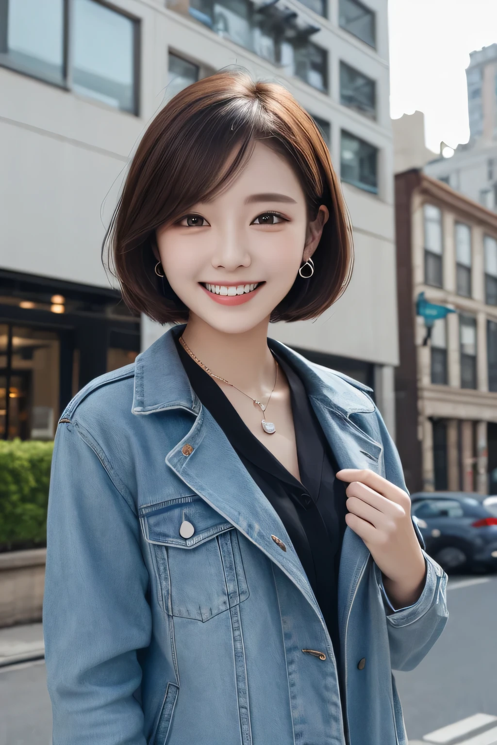 Highest quality, ,smile、Beautiful teeth alignment、Light brown hair、Short Haircut、Dark eyeliner、Jacket、shirt、ear piercing、necklace,、The background is the building&#39;s corridor.