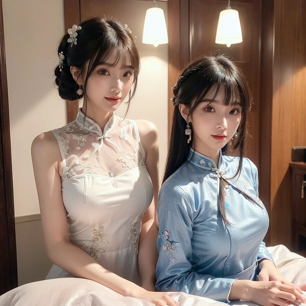 ((masterpiece、best quality))、shape、super detailed、8k、actual、sharp focus、Very detailed、professional lighting、spotlight、Colorful details、Detailed texture,A stunningly beautiful girl,Wearing a transparent cheongsam,(most suitable hairstyle:1.4)、(in the most helpful way:1.3)、(Half-length photo:1.4)、big breasts、perfect style、Body、18 years old、Smile、