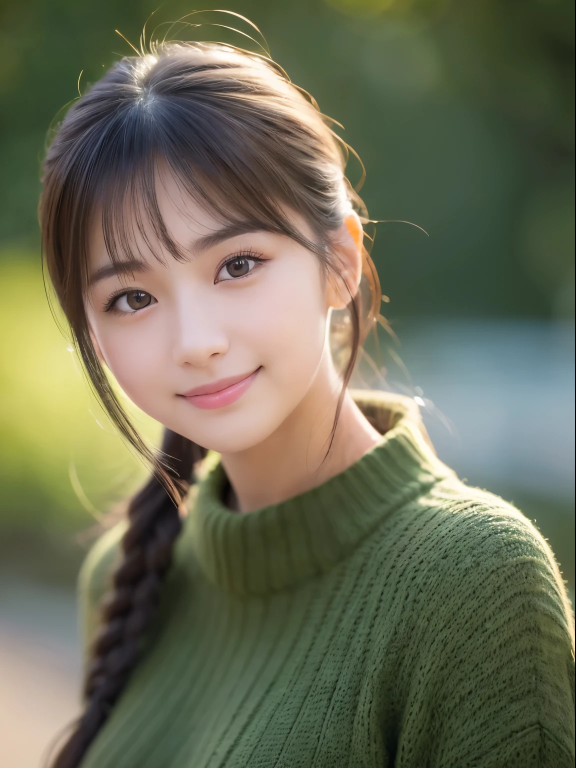 (8k, RAW photo, best quality, masterpiece, ultra detailed:1.2),(realistic, photo-realistic:1.4), sharp focus, depth of field, blur background, bokeh, cinematic lighting, soft light, cute Japanese actress, (detailed skin: 1.2), pale skin, brown eyes, smiling, happy, looking at viewer , dark green sweater, (upper body shot:1.2), (looking back:1.2)