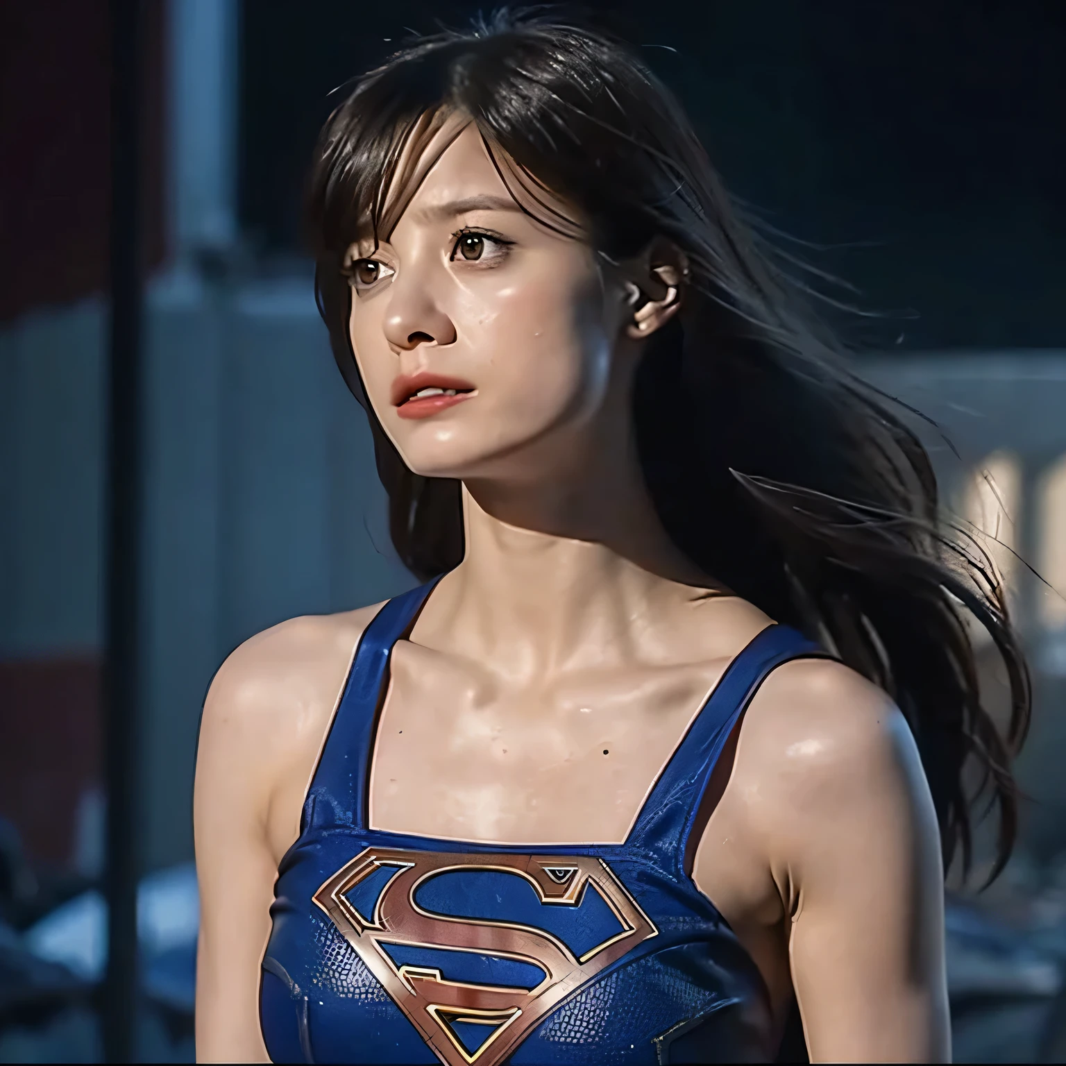 Supergirl, Beautiful Supergirl, 29 years old, Height : 152 CM, Trapped in the rubble of a building burning with hot fire, midday, supergirl tanktop costume, hair tied, hair bangs, Supergirl was sweating profusely, Supergirl had wet sweat on her chest, Supergirl had wet sweat on her head, Supergirl is shocked, Supergirl looks up, Supergirl looks scared, Supergirl screamed in pain, supergirl defeated, supergirl tanktop costume is torn, Supergirl protects many people, Supergirl fights against a giant, Supergirl is seriously injured, Supergirl falls into the rubble of a building, Supergirl was lying in the rubble of the building, sweating wet, Supergirl cried