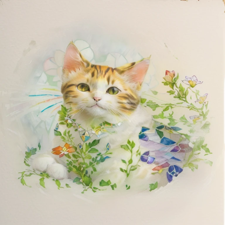 (masterpiece),((Highest quality)), (Cat wearing stained glass flowers,1:1.5), (Fusion of plants and cats 1:1.3), Portrait of a cat sitting on a flowered ground, Fantastic and delicate plants,Cute and detailed artwork,Each petal has a golden edge.,The flowers stand out three-dimensionally,Transparent watercolor painting, Colorful and dreamy colors, The background is a dreamy glow,In the background, countless lights twinkle beautifully.,Very exquisite art, 複雑で色彩豊かなmasterpiece,Very beautiful art