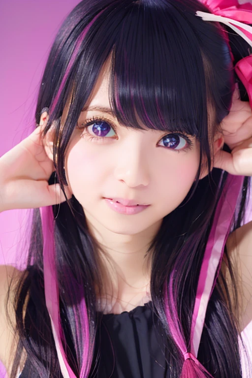 Hoshino Ai, long hair, purple hair, streaked hair ,purple eyes, star-shaped pupils, hair ornament,(smile、Free pose、whole body、)Browsing Caution, 16k raw photos, Highest quality, masterpiece, Ultra-high resolution, (()).movie, 1 Girl, Looking at the audience, Natural skin texture、))),Realistic eye and facial details, Lip, Lipstick Makeup), Pink Eyeshadow, Fluffy ponytail hair, Messy Hair, 鈍いsmile, Beautiful legs, slim_of the legs, alone,, Cleavage, Butt, , , Cleavage, Blurred Background, ,, (())),Big JK ribbon, Black Hair, bracelet, , bangs,