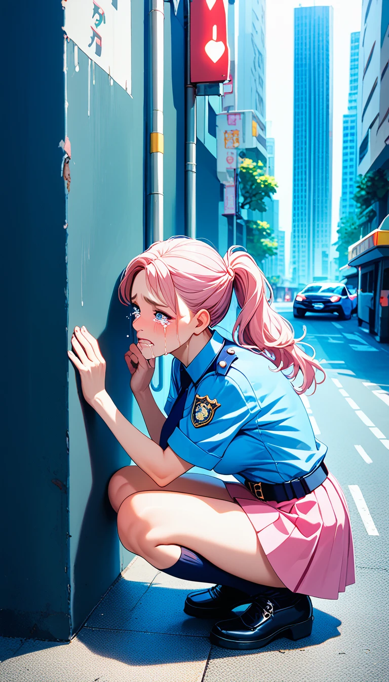 A dog police officer in a blue uniform（right）、White kitten wearing a pink skirt and white shirt（left）、A dog police officer runs up to a kitten, crouches down and talks to it kindly, Kitten crying tears, City street corner、skyscraper、Cars passing by on the street、Sidewalk, Big tears are spilling from the kitten&#39;s eyes