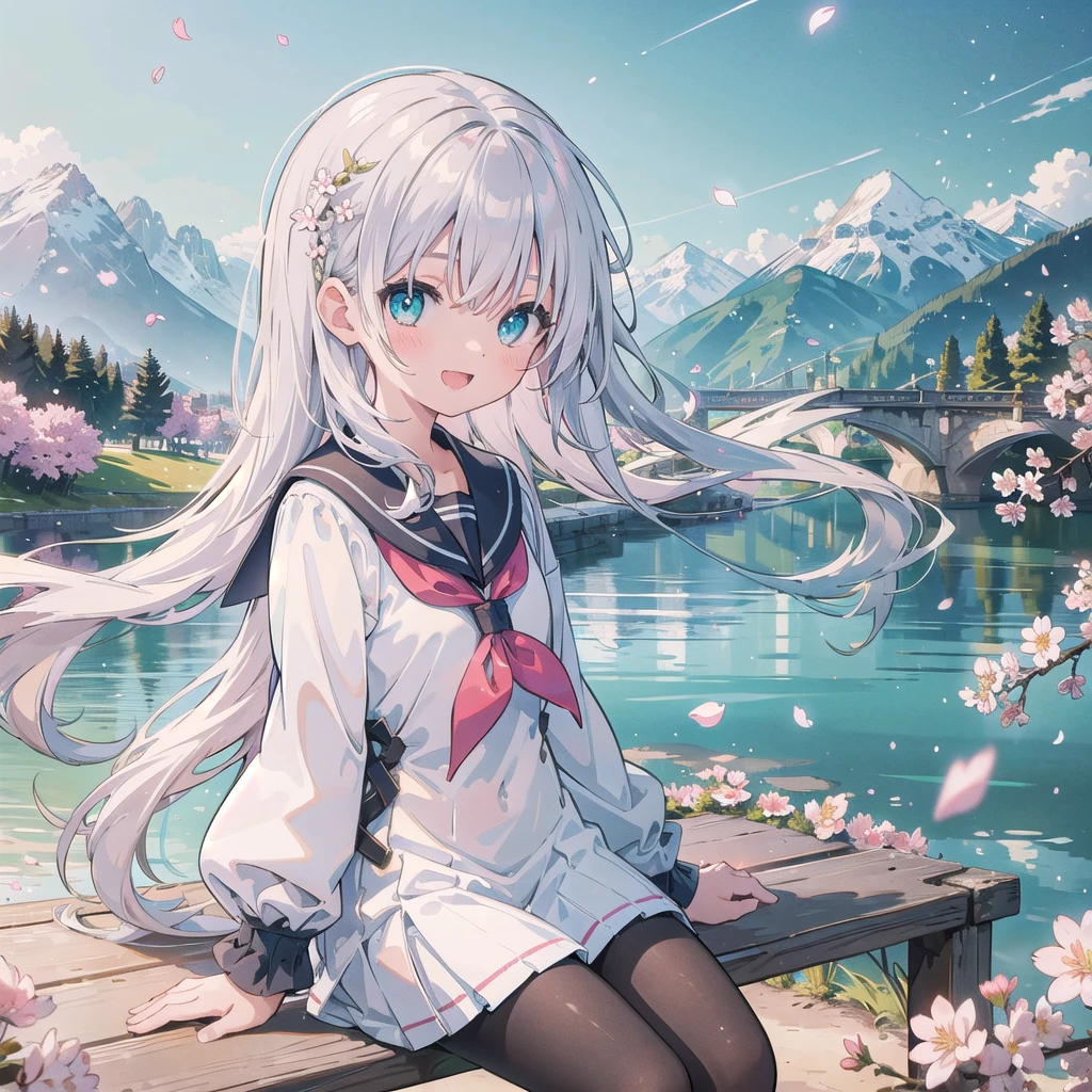 (masterpiece),  scenery,  mountainous horizon,  cherry blossoms,  petals,  light particles,  upper body,  1girl,  sailor,  wavy hair,  floating hair,  smile,  sitting,  open mouth,  light particles,  silver hair,  aqua eyes,  looking at viewer,  face focus