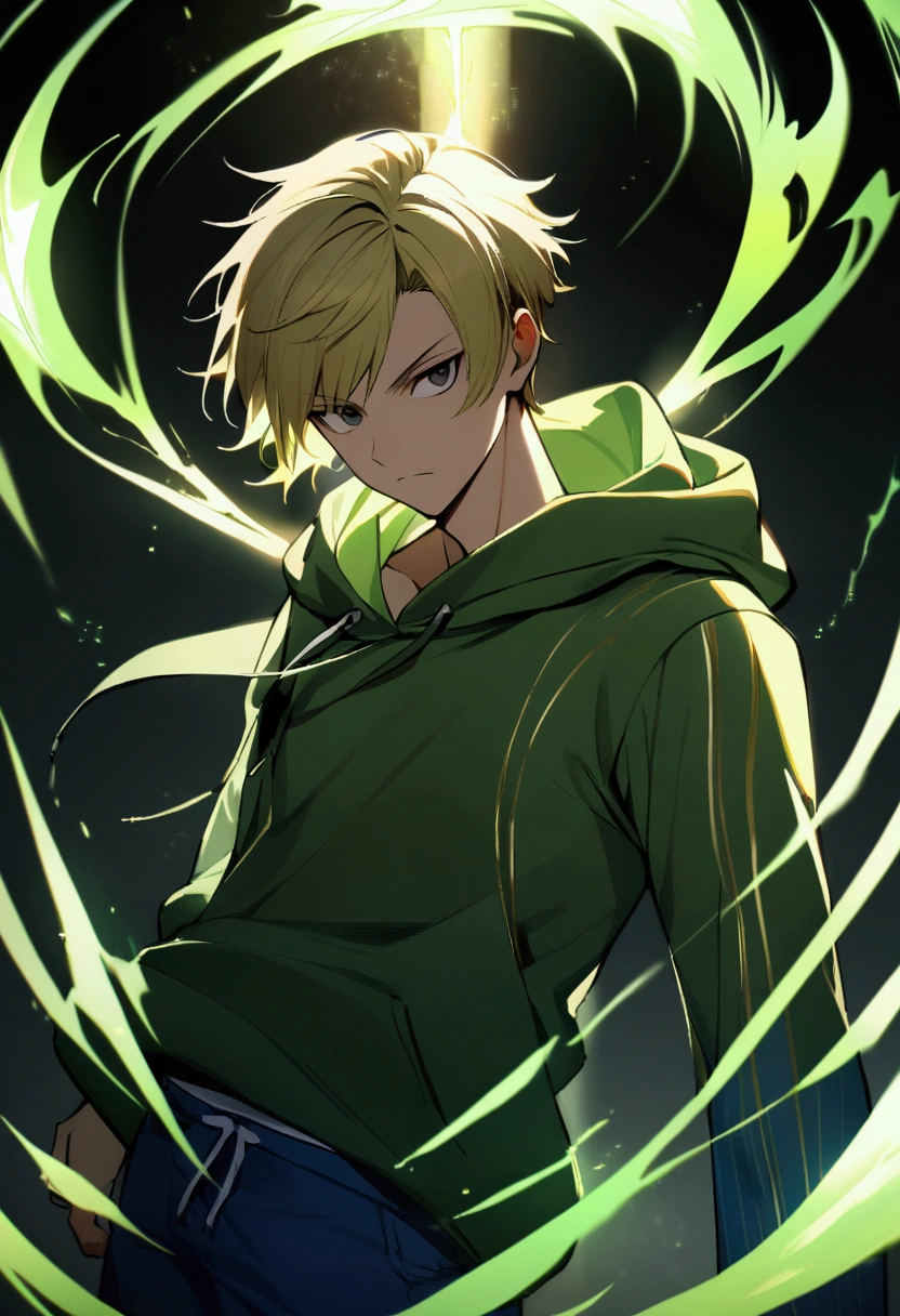a boy with a serious look black eyes blond hair wearing a green hoodie and blue pants with a catana and a green electric aura