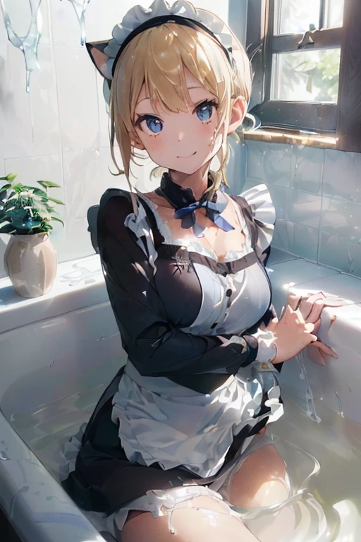 (Ultra high quality:1.6), (Highest quality:1.4), (Attention to detail:1.4), (Ultra-high resolution:1.6), (Detailed face:1.4), (Perfect Face:1,4), (Beautiful Eyes:1,6), (Detailed eyes:1.4), (Maid clothes, White apron, Headband, Black Dress, Blue ribbon, Maid clothes, Classic, Long:1.4), (白と黒のMaid clothes:1.6), (Blonde, Blue Eyes, Cat ear:1.4), cute, The best smile, (全身にWater Drop:1.3), (Swimming in clothes, bath, Bathroom, Longのバスタブ:1.4), (relax, Sit back, Sit back and relax:1.3), looks comfortable, (Beautiful hot water:1.4), 
(Water Drop:1.2), Soaking wet, (Entering the bath with clothes on:1.6), (つま先から胸までSubmersion:1.6), (Plenty of hot water, Submersion:1.4),  Open your arms and relax