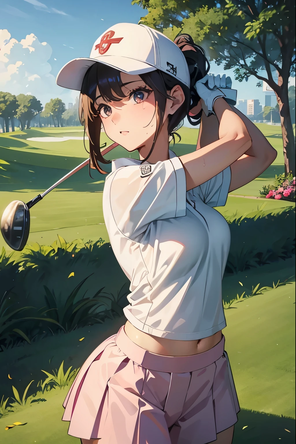 Golf Beauty、Fleshy ladies、 Enchanting Girl、Cross-section、Golf course、Vibrant、Sweat、game、1 realistic club、Swing the driver and hit the ball、Upper Body、Large breasts、Sexy