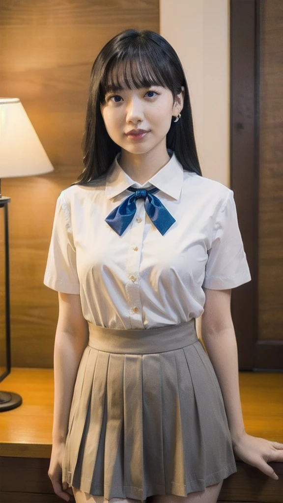 (masterpiece:1.2, Highest quality), (Realistic, photoRealistic:1.4), Beautiful illustrations, (Natural Side Lighting, Cinema Lighting), Written boundary depth, Beautiful thighs staring at the viewer, (Face Focus, Upper Body),Primary school students，alone，（With background：Hotel Rooms） , Curly Hair, Long Hair, amount, amount, amount, Very large , Short sleeve white collar shirt, Navy Pleated Skirt, Navy bow tie, Earrings, Are standing, Bare thighs
