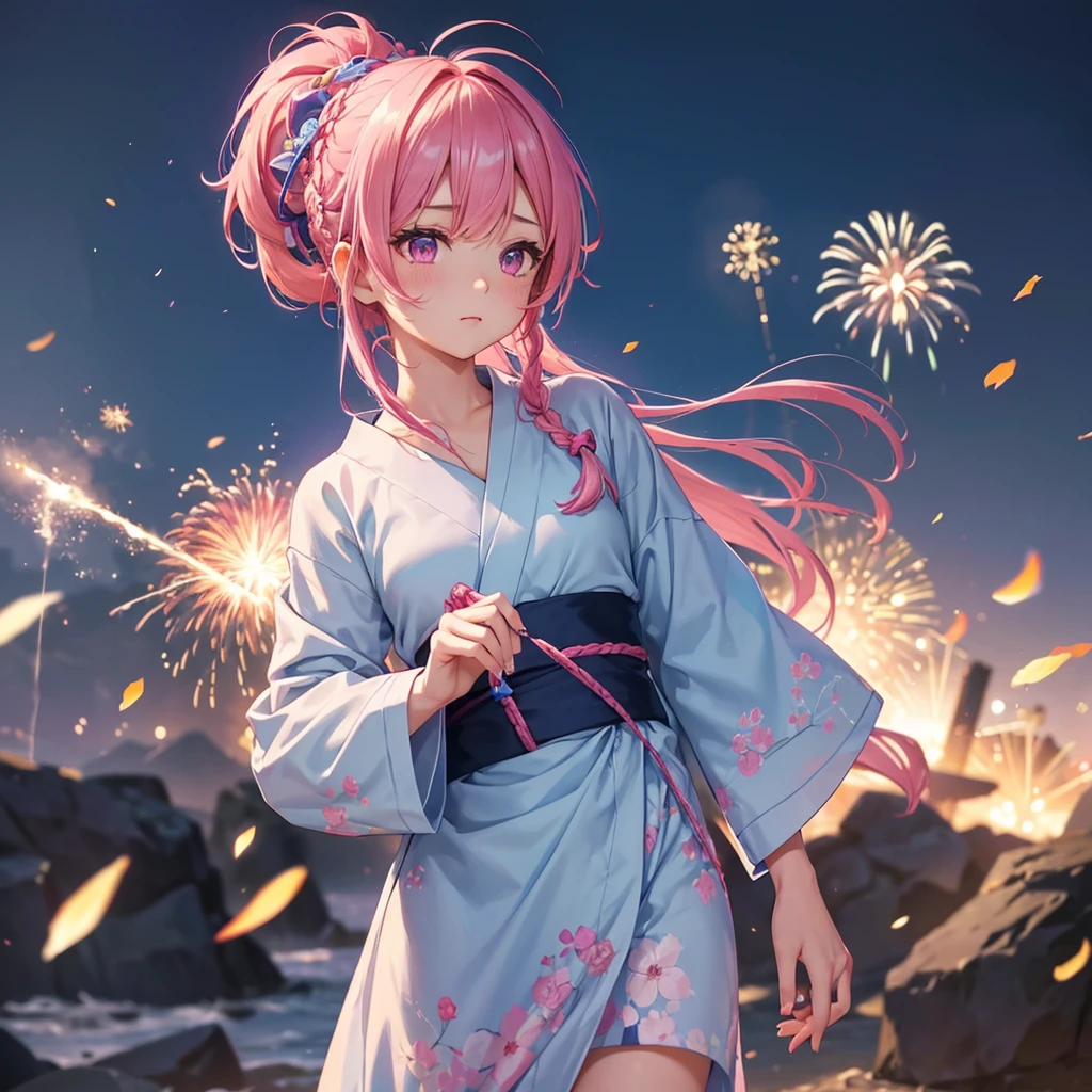 Sky Blue Medium Hair, (Braided Hair),(Pink Eyes),Fair skin ,(whole body),(1 girl)、yukata、firework、大迫力の打ち上げfirework、Straight bangs,(masterpiece, Highest quality, Very detailed, Best Shadow), (Detailed Background), (Beautifully detailed face), High Contrast, (Best lighting, Very delicate and beautiful), ((Cinematic Light)), colorful, Hyper Detail, Dramatic Light, Intricate details,