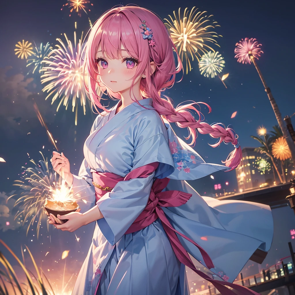 Sky Blue Medium Hair, (Braided Hair),(Pink Eyes),Fair skin ,(whole body),(1 girl)、yukata、firework、大迫力の打ち上げfirework、Straight bangs,(masterpiece, Highest quality, Very detailed, Best Shadow), (Detailed Background), (Beautifully detailed face), High Contrast, (Best lighting, Very delicate and beautiful), ((Cinematic Light)), colorful, Hyper Detail, Dramatic Light, Intricate details,