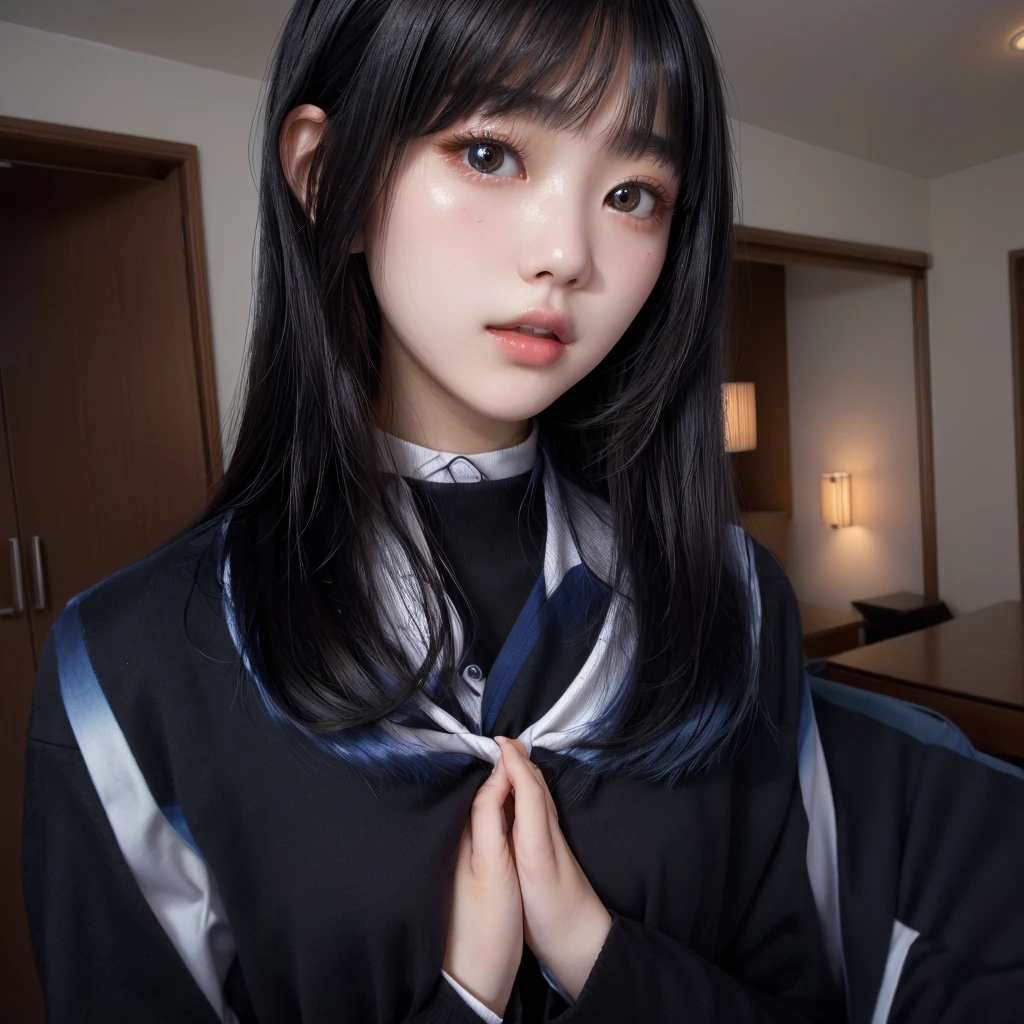 neat japanese girl age is teenager fetures of whole body black hair midium straight hair style small face dark blue pupils thin upper lip milky white skin
